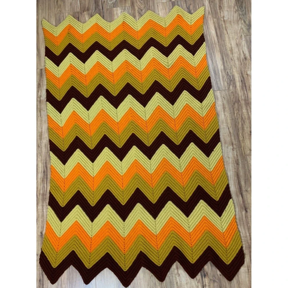 Vintage 70s Crochet Chevron Afghan Blanket Retro Orange Brown Boho Throw MCM